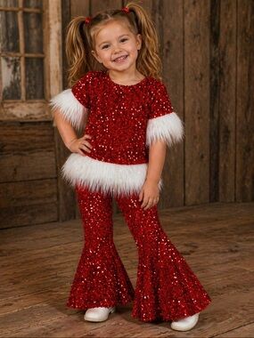 Red Sequin Holiday Top & Bell Bottom Set with White Faux Fur Trim